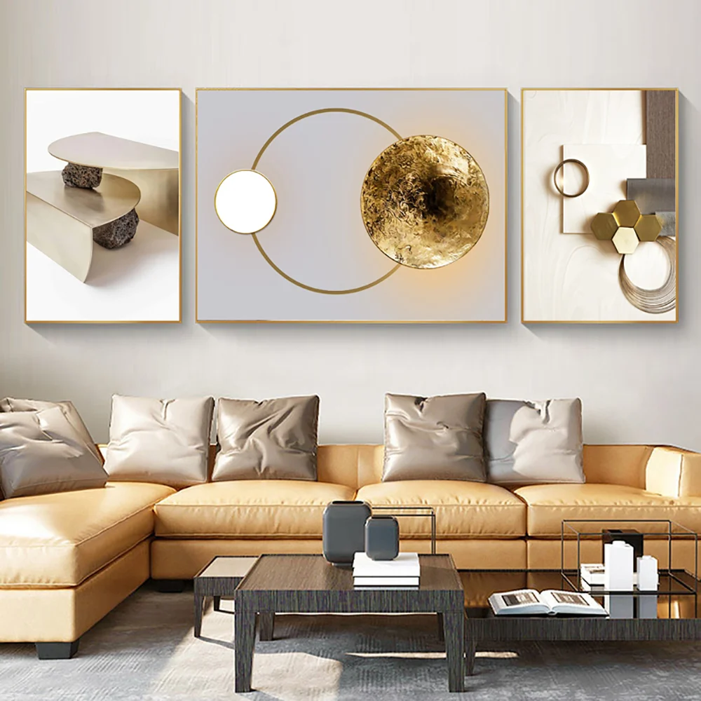 3 Pieces Modern Geometric Abstract Wall Decor Set Canvas Painting with Frame Living Room