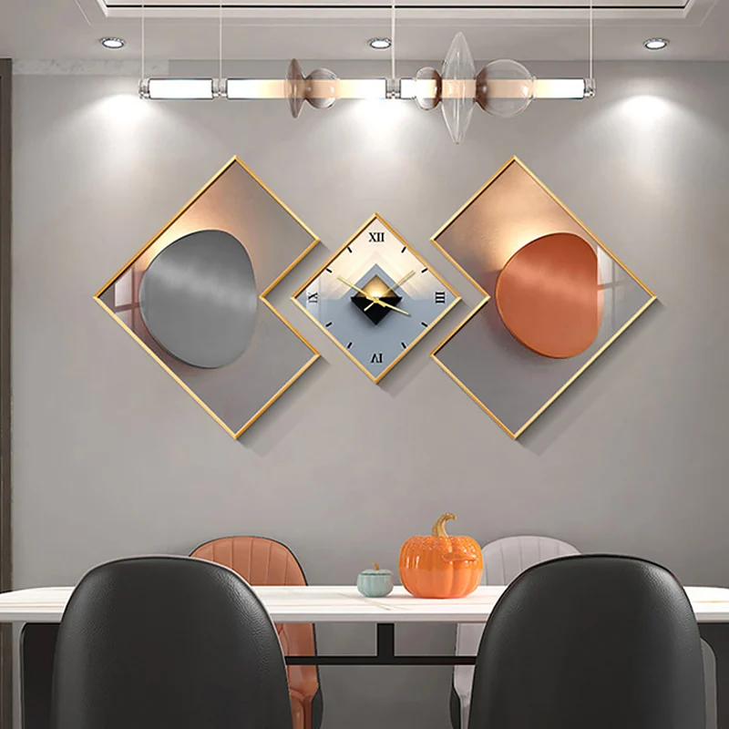 3Pcs Modern Geometric Wall Clock Decor Set Canvas Painting Wall Clocks with Gold Frame