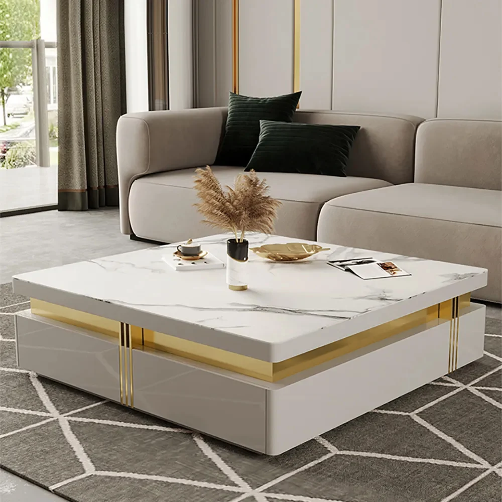 Trimied 43" Modern White Square Storage Coffee Table Stone Top with 4 Wood Drawers