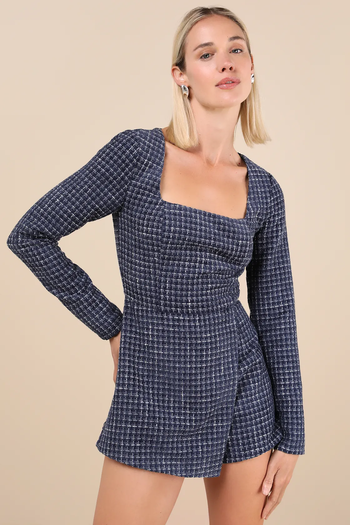 Cultivated Poise Navy Blue Tweed Romper