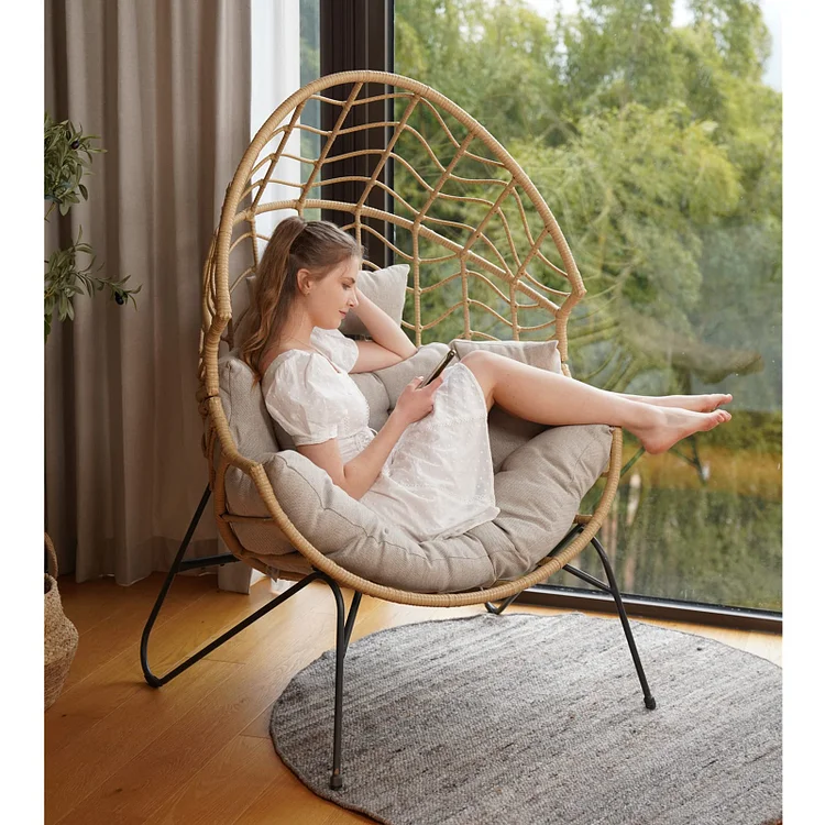 Boho Stationary Wicker Egg Chair with Oversized Basket
